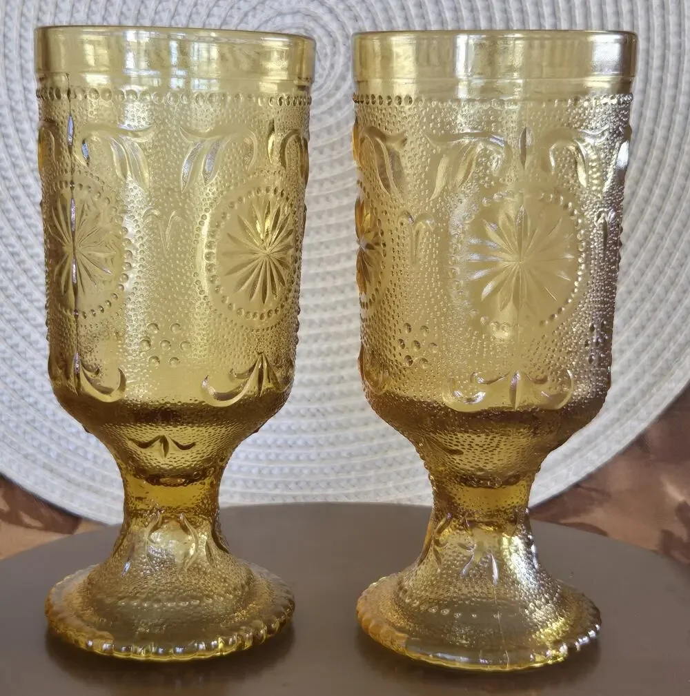 2 Vintage Brockway Glass American Concord Amber Water Glass Goblet Tumbler 8oz